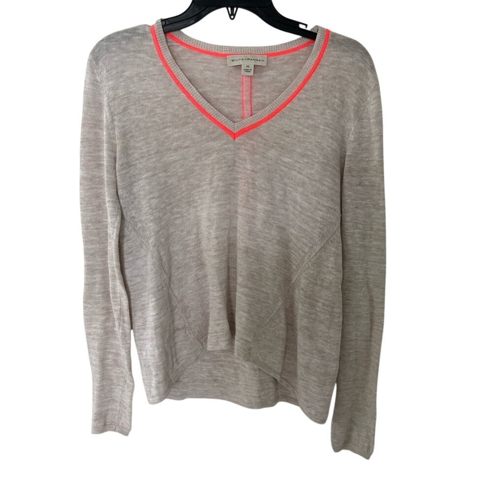 White + Warren Light Gray Sweater with Neon Pink Trim